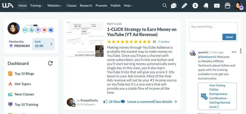 Screenshot of home screen for wealthy affiliate - best affiliate marketing classes for beginners