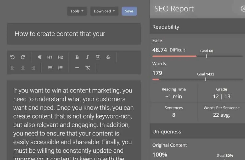 SEO report in long form editor on readability
