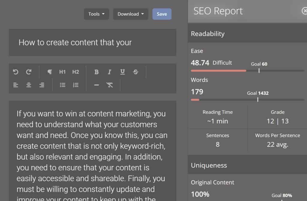 SEO report in long form editor on readability
