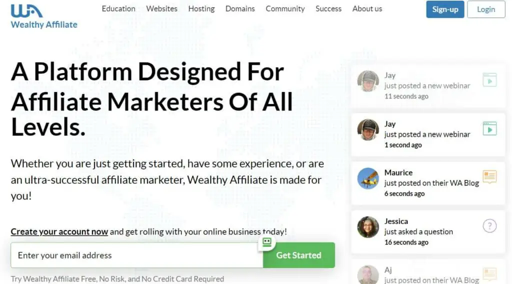Screenshot of Wealthy Affiliate website- The Home of Affiliate Marketing