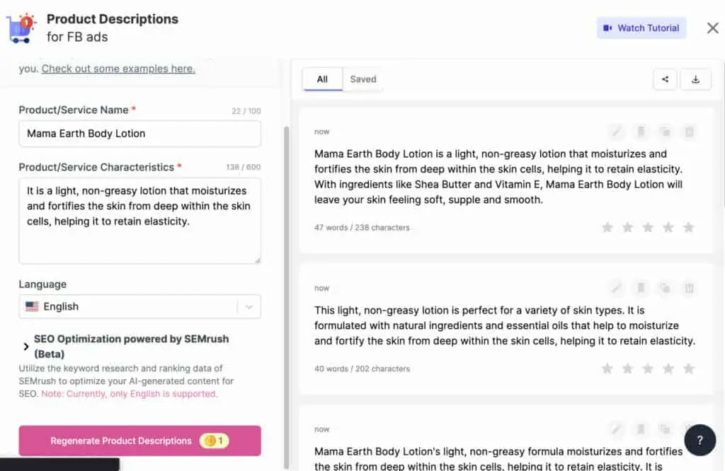 Writesonic Product Descriptions for FB ad example