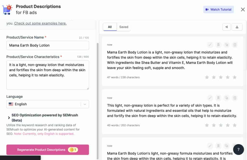 Writesonic Product Descriptions for FB ad example