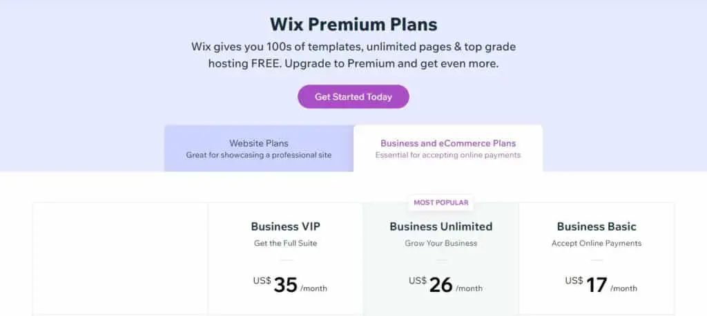 Wix Premium Plans Pricing for Business and eCommerce Plans