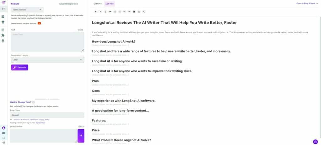 LongShot.AI review - Can also access short form templates in the editor