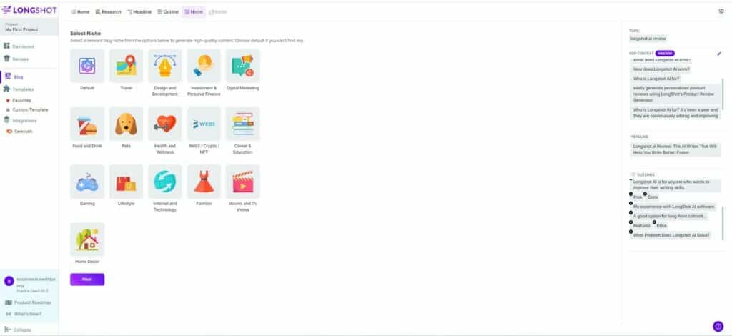 LongShot.AI review - Select Niche
