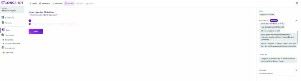 LongShot.AI review - Select number of outlines