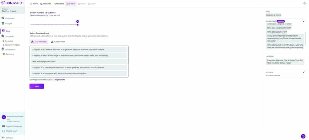 LongShot.AI review - Select number of outlines