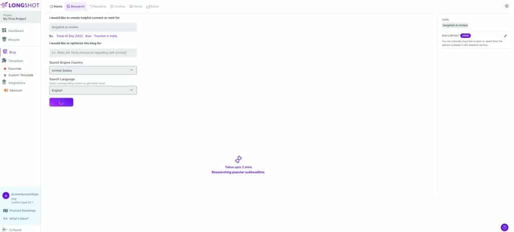 LongShot.AI review - Step 1 enter your topic