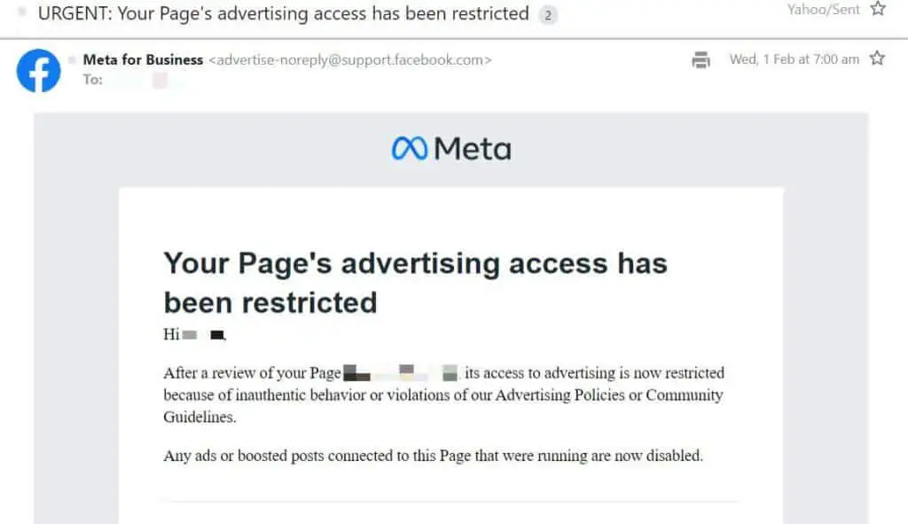 my facebook page is restricted from advertising - The email from Meta