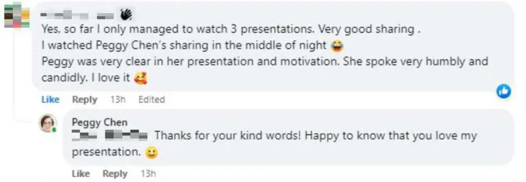 first time summit speaker - screenshot of FB comment