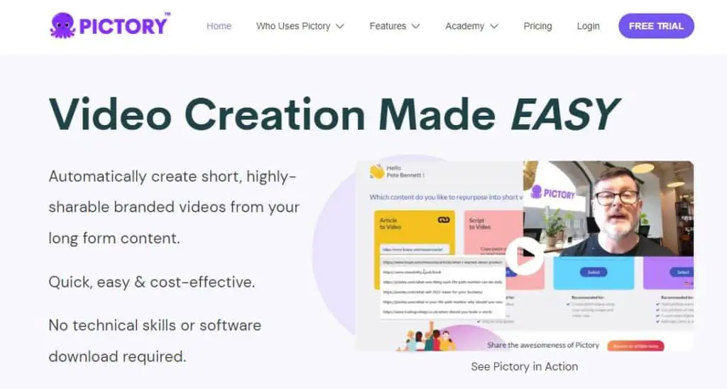 pictory.ai review - Pictory Home page