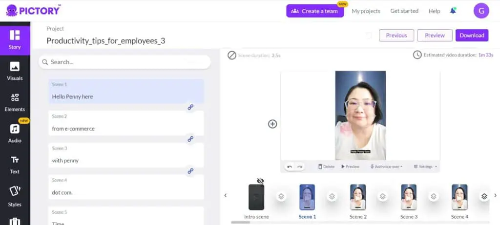 pictory.ai review - Pictory.ai storyboard