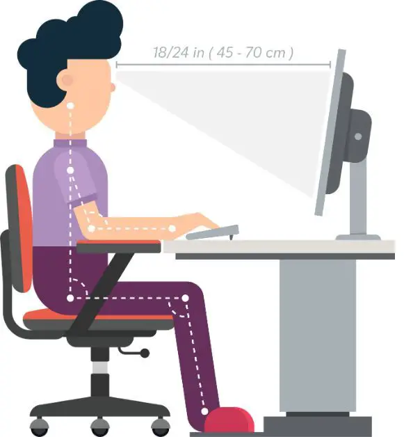 lower back pain after sitting too long -  picture of a person sitting in correct posture at his desk and his body is aligned