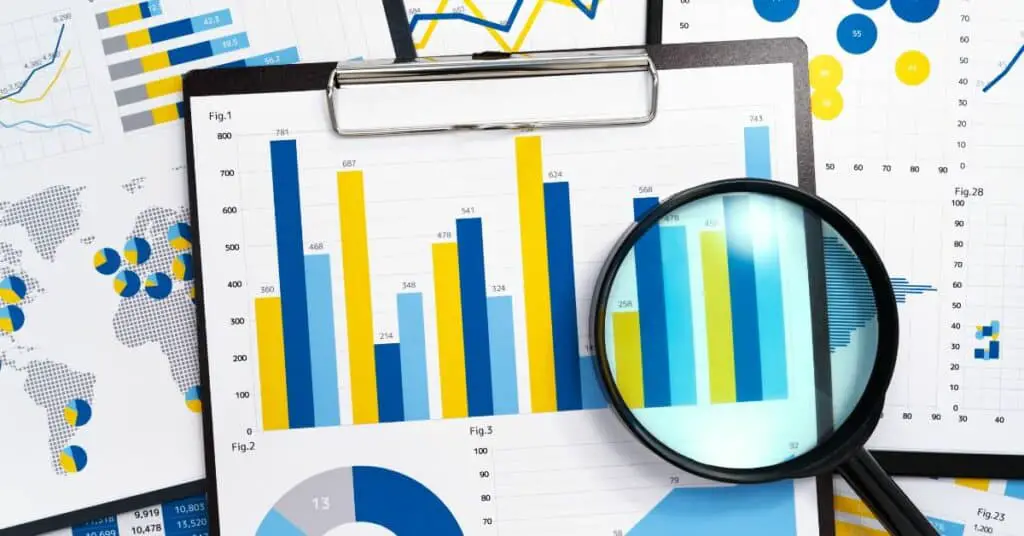 A clipboard with a magnifying glass and graphs that guide entrepreneurs in finding the right business to start.