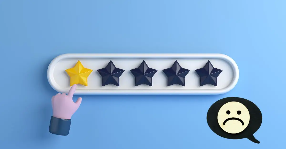 how to respond to negative reviews - one star review on a blue background with an unhappy smiley